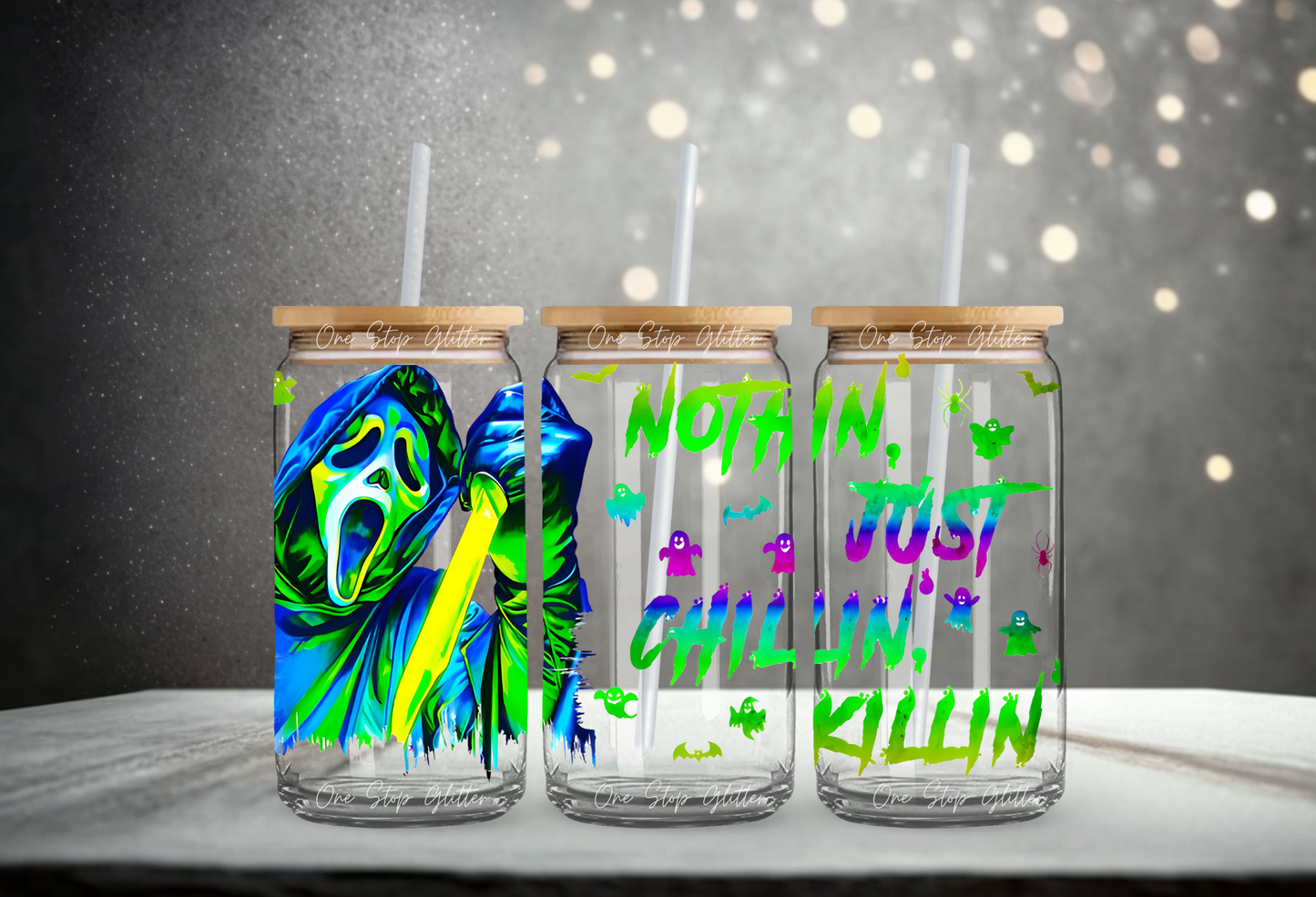 NEON GHOST FACE GLASS CAN